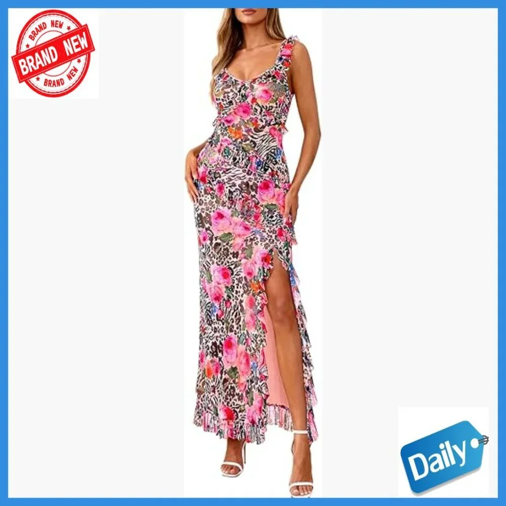 Sleeveless Maxi Dress with Spaghetti Straps, V-Neck, Side Slit, Mesh Lining,